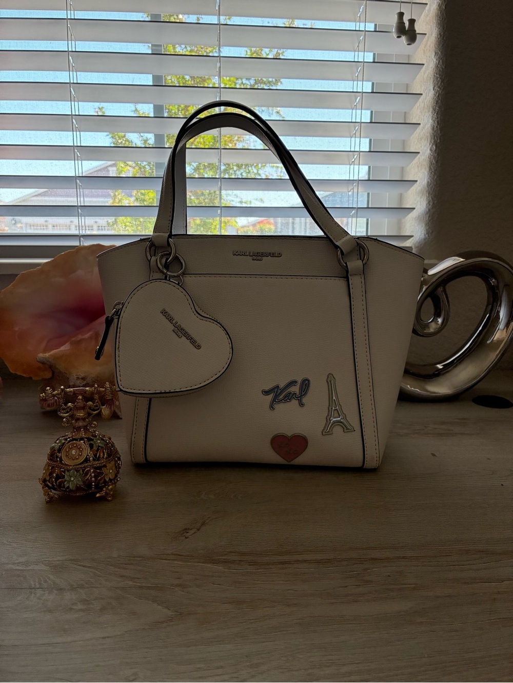 Karl Lagerfeld Off-White Leather Tote with Heart Charm and Paris Patches
